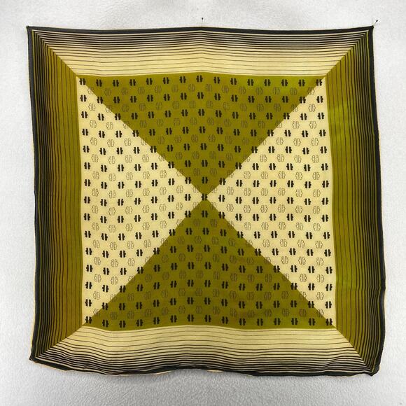 Silk Chiffon Scarf Hand Rolled Geometric Printed Wrap Square Green Black 31" Vtg - Picture 2 of 13